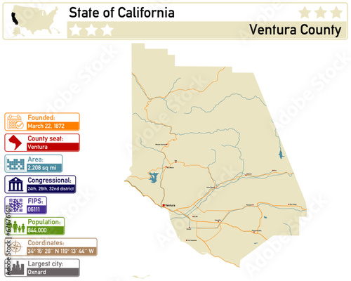Detailed infographic and map of Ventura County in California USA.