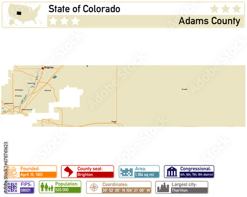Detailed infographic and map of Adams County in Colorado USA.