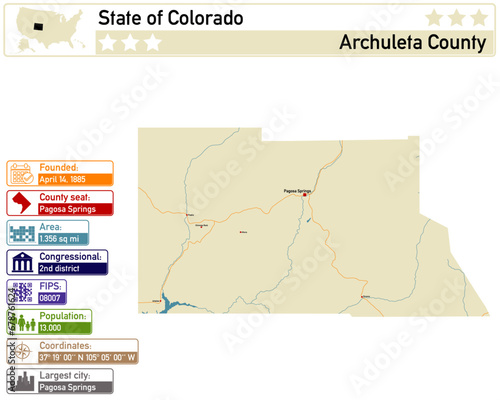 Detailed infographic and map of Archuleta County in Colorado USA. photo