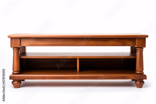A brown, hardwood TV stand is shown from the front, isolated against a white backdrop.