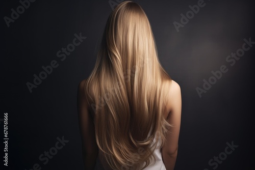 Blonde woman with long hair on a dark background. Back view, rear view of a Beautiful woman with long straight hair. Blond girl, AI Generated