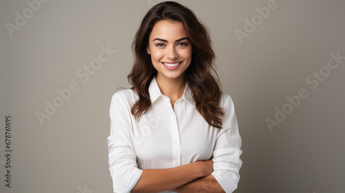 A confident and joyous dark-haired business student wearing a white blouse, arms crossed, exudes happiness in a stark white environment. photo