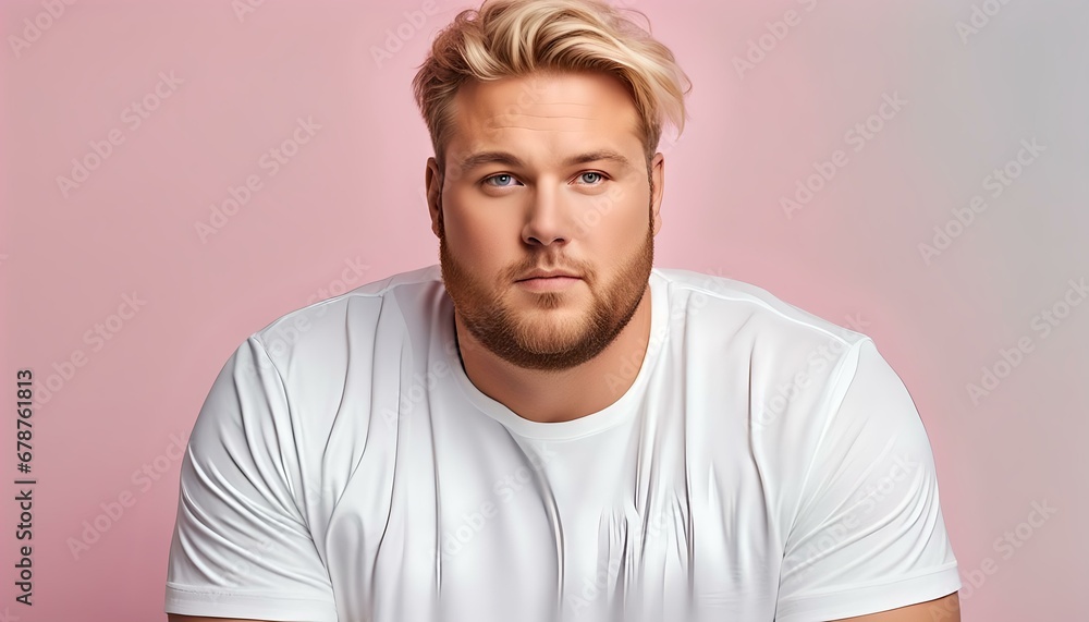 plus size chubby blonde beautiful man with white t-shirt pastel color background, front posing, From the waist up, hands in pockets, Mockup template for t-shirt design print plus size chubby blonde beautiful man with white t-shirt pastel color background, front posing, From the waist up, hands in pockets, Mockup template for t-shirt design print