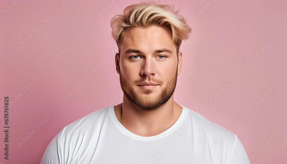 plus size chubby blonde beautiful man with white t-shirt pastel color background, front posing, From the waist up, hands in pockets, Mockup template for t-shirt design print