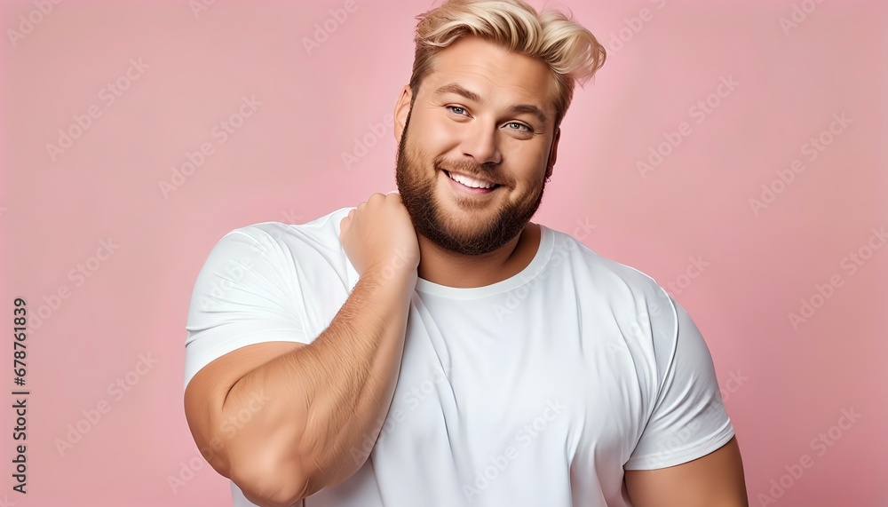 plus size chubby blonde beautiful man with white t-shirt pastel color background, front posing, From the waist up, hands in pockets, Mockup template for t-shirt design print plus size chubby blonde beautiful man with white t-shirt pastel color background, front posing, From the waist up, hands in pockets, Mockup template for t-shirt design print