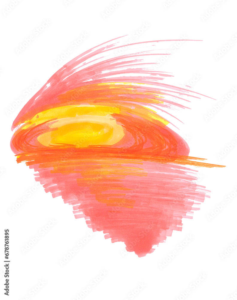 Bright sunset sky for modern geometric wallpaper. Isolated evening seascape. Romantic watercolor illustration with a large oval yellow-scarlet sun. Abstract flat sketch for creative graphic design. Bright sunset sky for modern geometric wallpaper. Isolated evening seascape. Romantic watercolor illustration with a large oval yellow-scarlet sun. Abstract flat sketch for creative graphic design.