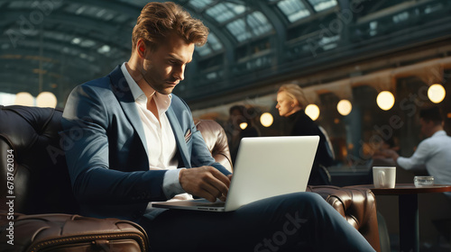 Businessman with laptop working in airport lounge photo