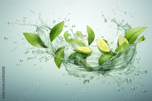 A realistic 3D advertisement of an organic beverage with aqua flow motion, fresh leaves, and natural aromas.