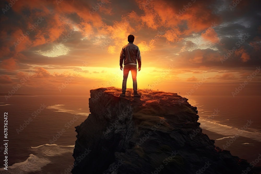 Man standing on the edge of a cliff and looking at the sunset, rear view of a Man standing on top of the cliff at sunset, AI Generated