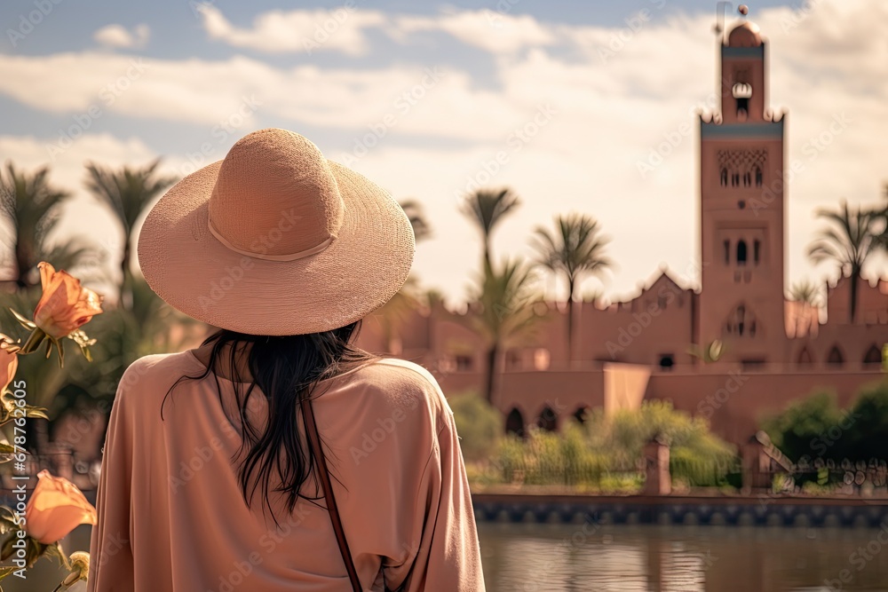 Beautiful asian woman with hat looking at mosque in morocco, rear view of a Woman looking at Koutoubia mosque minaret-Tourism in Marrakech, Morocco, AI Generated