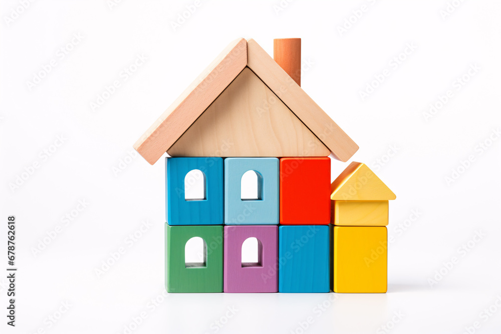 A partially-assembled abode of colourful wooden blocks is displayed on a blank backdrop. A partially-assembled abode of colourful wooden blocks is displayed on a blank backdrop.