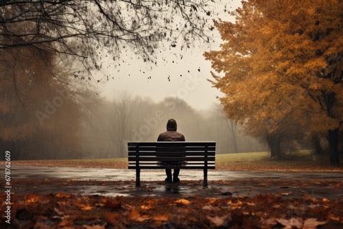 Man sitting on a bench in the autumn park and looking into the distance, rear view of a solitary person sitting on a bench in an autumn park with trees and bad weather, AI Generated