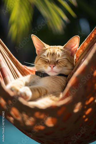 An imposing cat relaxes in a hammock among palm trees on the beach.