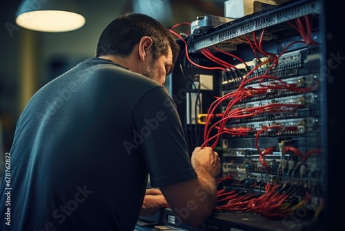 Serious male technician repairing a switchboard in a data center, rear view of An IT Engineer close-up shot of fixing a server problem, AI Generated