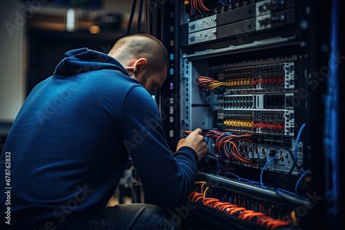 Technician repairing server in datacenter server room. Network infrastructure, rear view of An IT Engineer close-up shot of fixing a server problem, AI Generated
