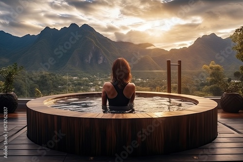Obraz na płótnie Beautiful young woman relaxing in hot tub with view on mountain landscape at sunset, rear view of a woman taking a bath outdoors, Outdoor jacuzzi with mountains view