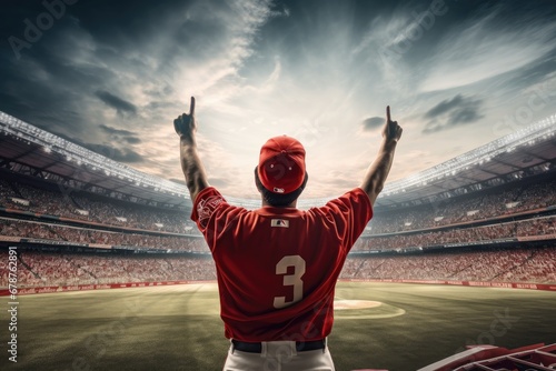 Baseball player in red uniform standing with arms raised against rugby stadium, rear view of Baseball player throwing the ball on the professional baseball stadium, AI Generated photo