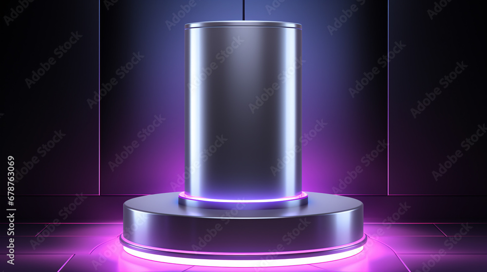 A gleaming neon-lit podium atop a cylindrical base with 3D geometric shapes creates a futuristic, abstract product showcase. A gleaming neon-lit podium atop a cylindrical base with 3D geometric shapes creates a futuristic, abstract product showcase.