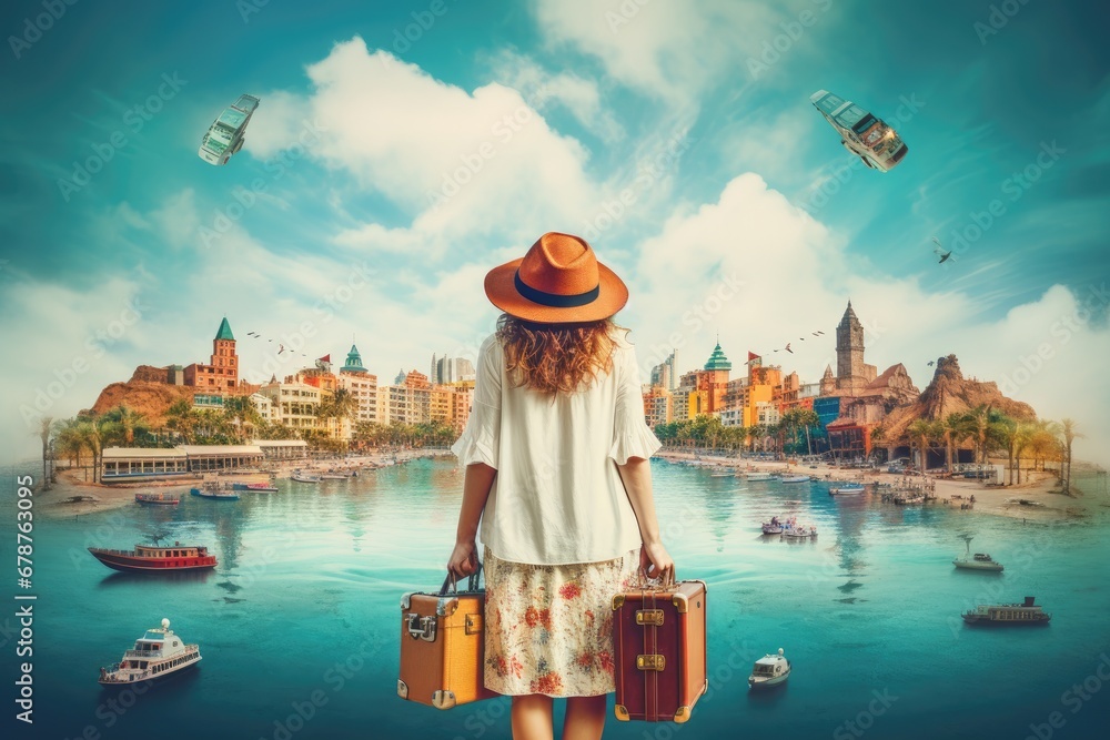 Young woman traveler with vintage suitcase on the beach. Travel concept, rear view of Happy travel woman on vacation concept, AI Generated - obrazy, fototapety, plakaty 