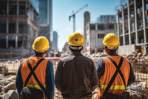 Group of construction workers on a construction site with building under construction, rear view of Construction workers at the construction site outdoors, labor wearing yellow safety, AI Generated