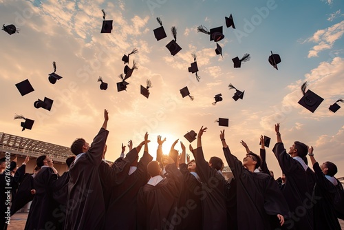 Graduates throwing their hats in the air. Concept of education and graduation  rear view of graduates throwing graduation caps in the air  AI Generated