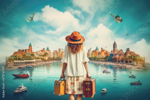 Young woman traveler with vintage suitcase on the beach. Travel concept, rear view of Happy travel woman on vacation concept, AI Generated