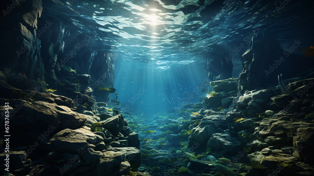 Glimpse the profound abyss from within a 3D simulated sea-floor abyss. - obrazy, fototapety, plakaty 