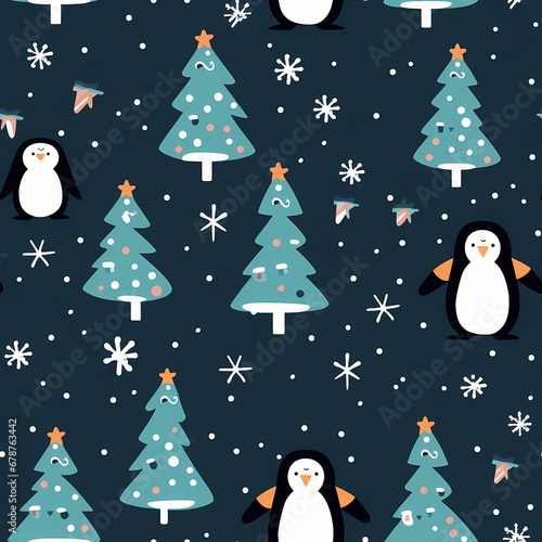 Seamless pattern of adorable penguins dressed in holiday attire scattered among snowflakes, Christmas trees, and presents, all set against a deep blue backdrop. Wrapping paper pattern