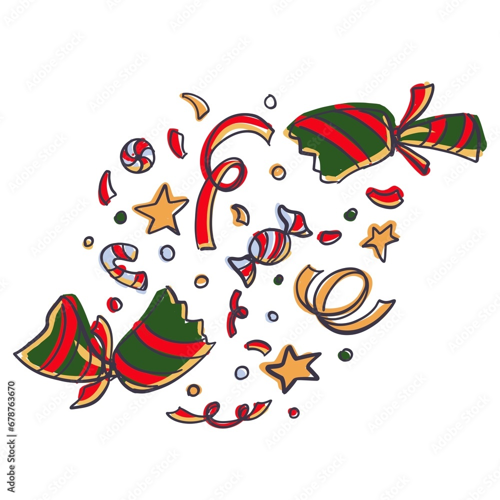 Fototapeta premium Christmas cracker illustration with confetti, stars and sweets on transparent background