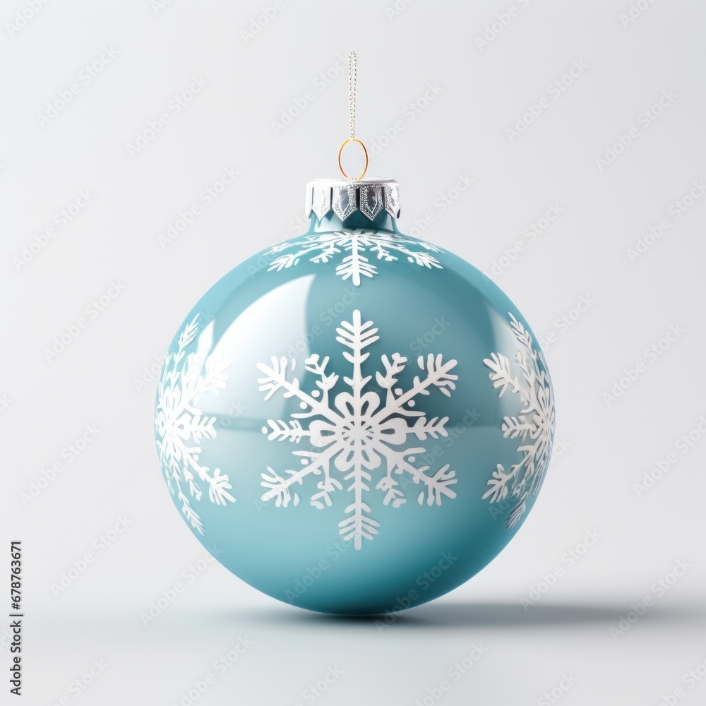 Close up view of blue Christmas ball with white snowflakes paintings. Decoration shiny bauble isolated white background. Design of Christmas tree decorations. Close up view of blue Christmas ball with white snowflakes paintings. Decoration shiny bauble isolated white background. Design of Christmas tree decorations.