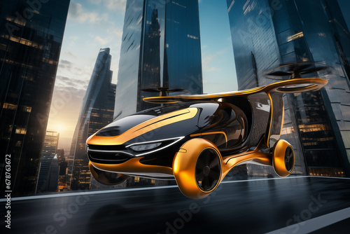 Future of urban air taxi mobile on big city street. Generative AI