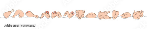 Raw chicken meat one line colored continuous drawing. Raw chicken meat parts continuous one line illustration. Vector minimalist linear illustration.