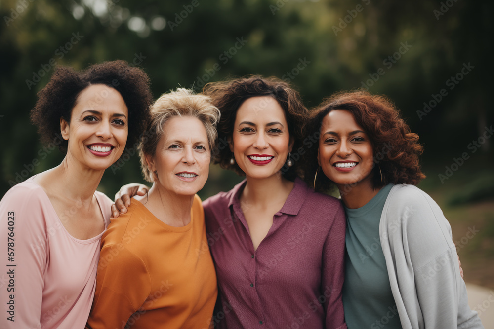 Portrait of four women middle age in a close, affectionate embrace, exuding a sense of unity and genuine happiness