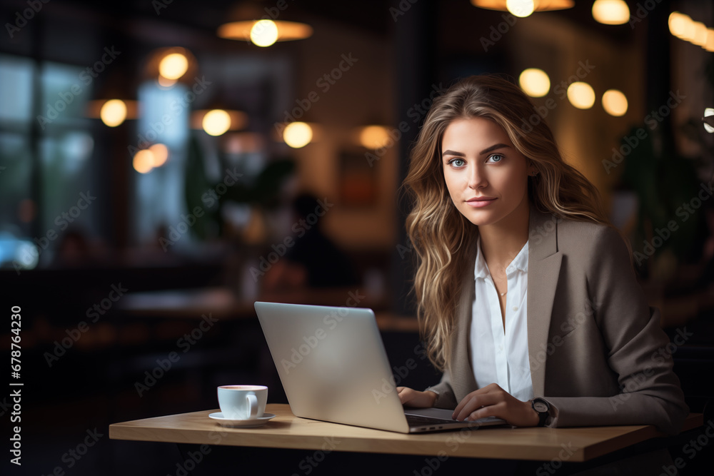 Young businesswoman deeply engaged in her work, sitting at a modern office space with her laptop Young businesswoman deeply engaged in her work, sitting at a modern office space with her laptop