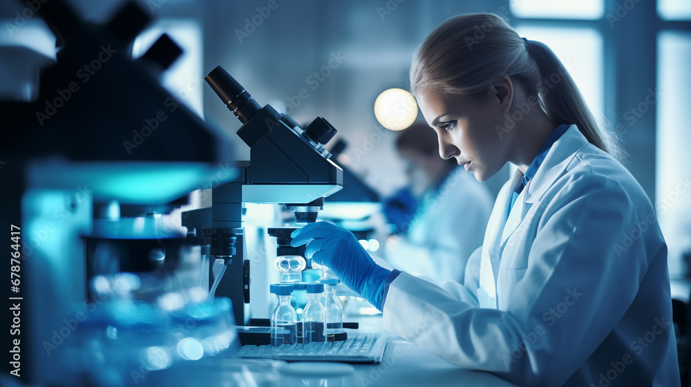 Dedicated Researcher in Modern Laboratory The cool blue tones and crisp lighting highlight the cutting edge nature Dedicated Researcher in Modern Laboratory The cool blue tones and crisp lighting highlight the cutting edge nature