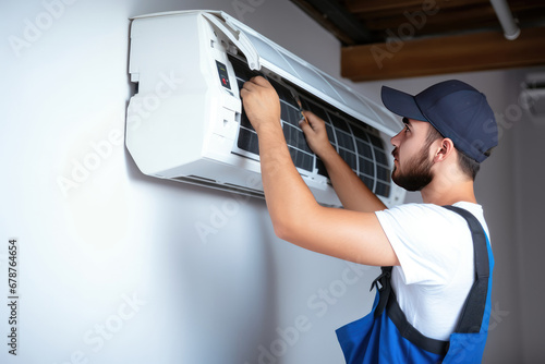 An expert worker is installing or repairing an air conditioner in a house. photo