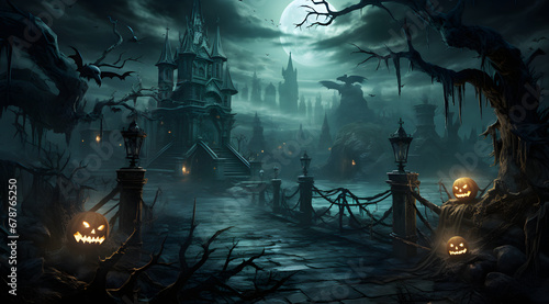 halloween scene with moon, dark, skull, bat, pumpkin, halloween background, template