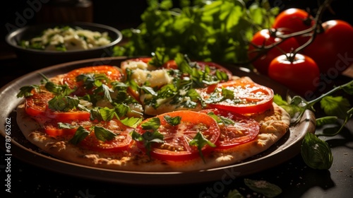 Close-up of freshly sliced tomatoes on a margarita pizza. AI generate illustration