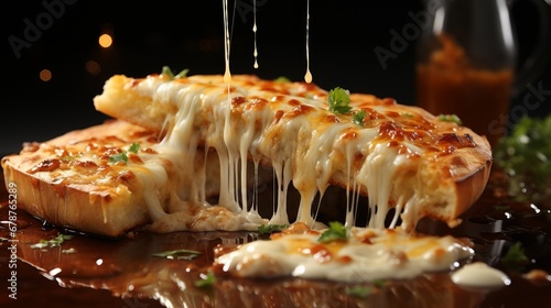 Close-up of the melted cheese stretching as a slice of margarita pizza is lifted. AI generate photo