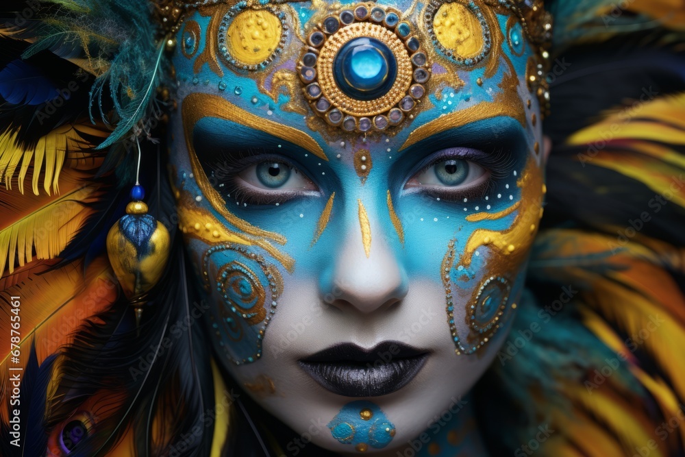 Close-Up of a Woman in Carnival Feather's Headpiece and Makeup in Shades of Blue and Yellow