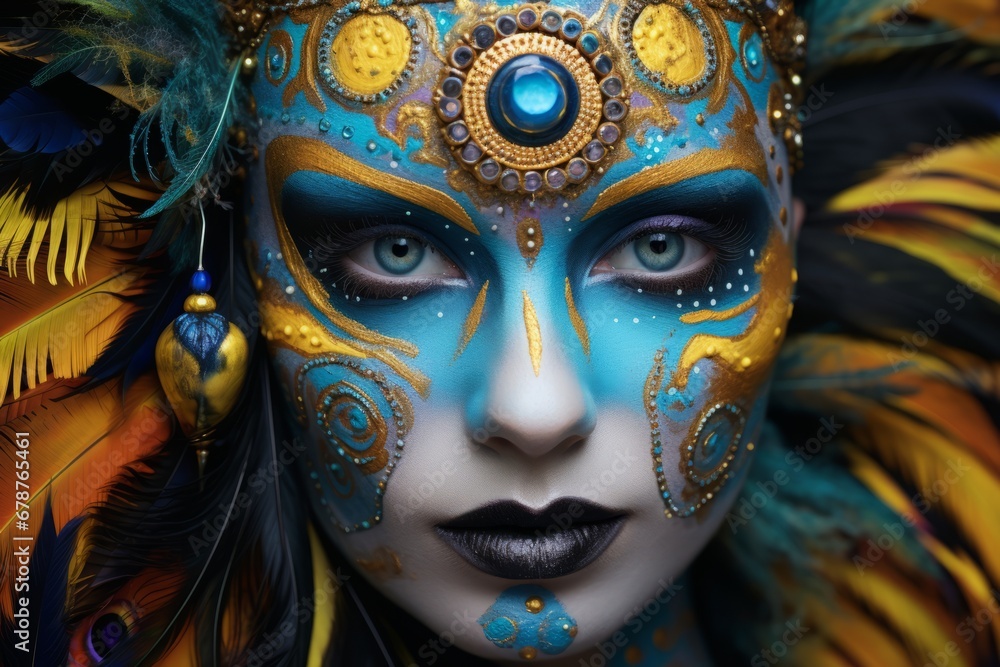 Close-Up of a Woman in Carnival Feather's Headpiece and Makeup in Shades of Blue and Yellow Close-Up of a Woman in Carnival Feather's Headpiece and Makeup in Shades of Blue and Yellow