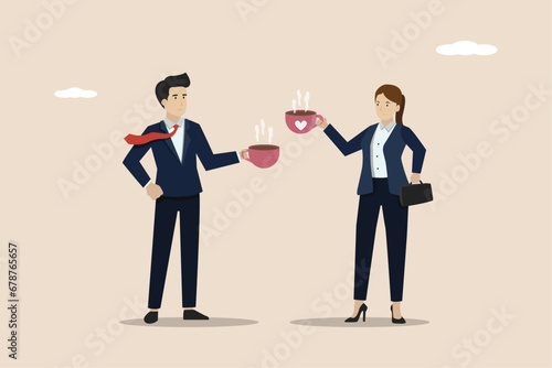 Coffee break, discussion while drinking coffee, rest after work, businessmen and businesswomen discussing while enjoying a cup of hot coffee.