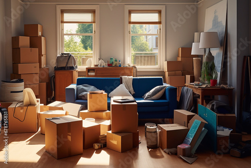 Moving day concept, cardboard carton boxes stack with household belongings in modern house living room, packed containers on floor in new home, relocation, renovation, removals and delivery service. © olga