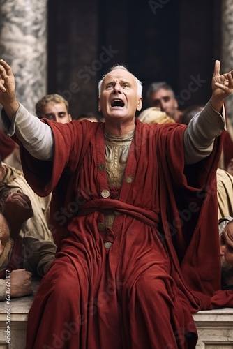 A dramatic midrange depiction of the philosopher and statesman Cicero delivering an impassioned speech in the Roman Senate, his expressive gestures capturing the intensity of the political discourse