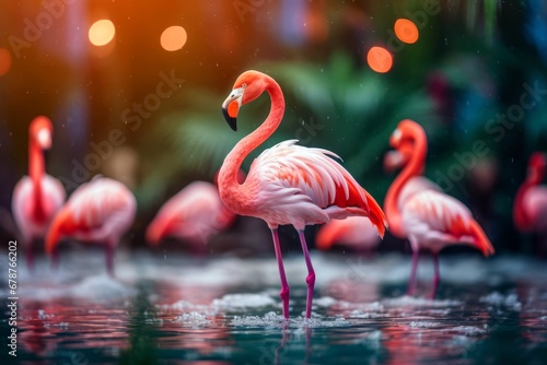 Group of pink flamingos in the water with bokeh background. Close up and selective focus photography  © Nongkran