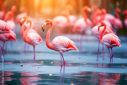 Group of pink flamingos in the water with bokeh background. Close up and selective focus photography 