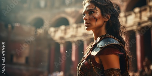A female gladiator, a rare sight in ancient Rome, stands ready to battle in the Colosseum, her fierce gaze and formidable stance capturing the attention and respect of the onlookers