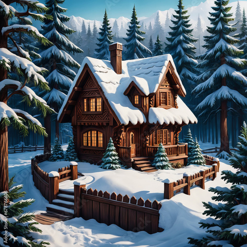 Wooden house in  winter Christmas forest. Snow,  conifer, spruces,  light iat home. Christmas card background photo