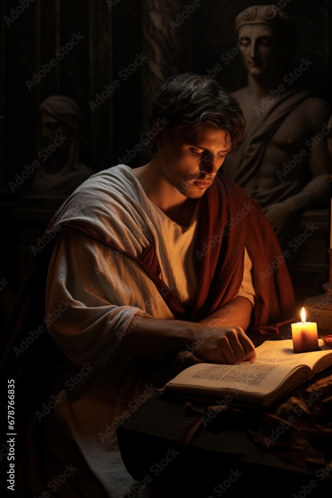 A heartfelt midrange scene of Roman poet, penning verses by candlelight, his face illuminated by the flickering flame, capturing the essence of poetic creation in ancient Rome