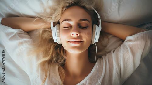 Young beautiful blond woman smile and listen music while lying on her bed. Happy girl fall asleep listening to relaxing music with headphones. Closeup face portrait.  photo
